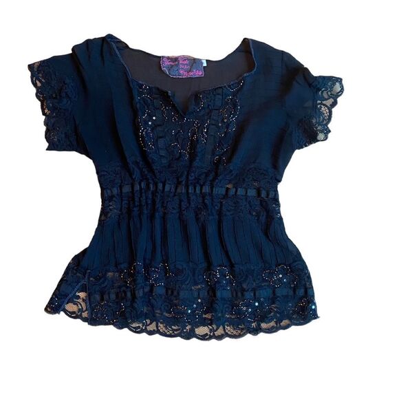 Silk Lace Blouse Sequin Sheer Size Medium - Picture 5 of 6